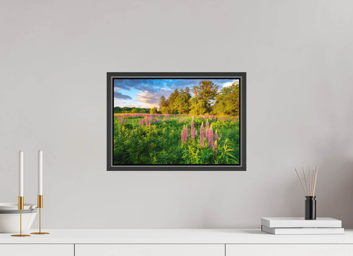 15 x 10″, Matte Canvas Print with Black Wood Floater Frame Lupines at Golden Hour
