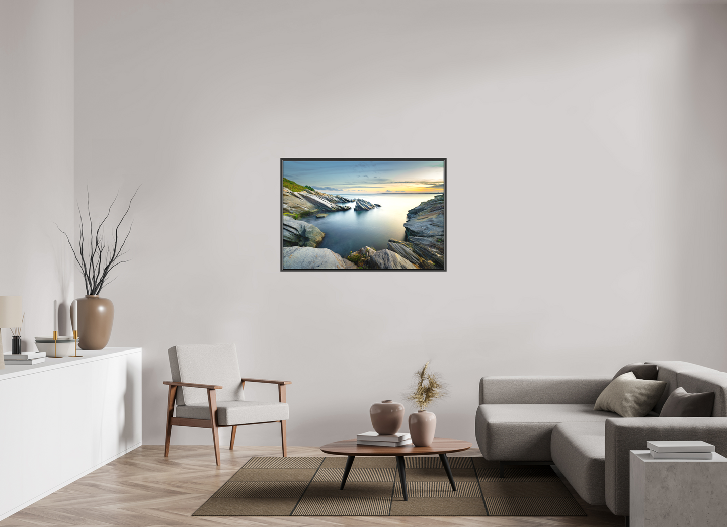 45 x 30″, Matte Canvas Print with Black Wood Floater Frame Sunset and Solitude