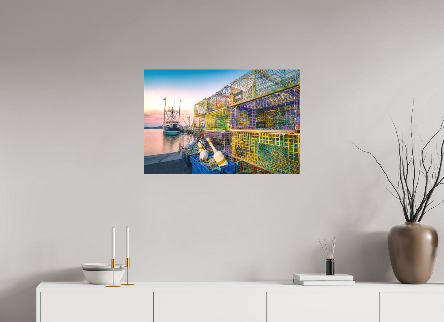 30 x 20″, Matte Canvas Print A Wall of Colorful Lobster Pots