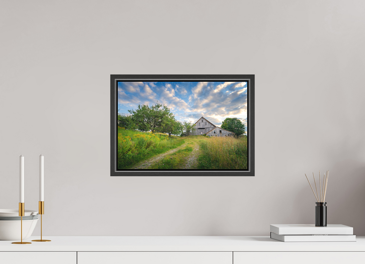 15 x 10″, Matte Canvas Print with Black Wood Floater Frame Countryside Barn