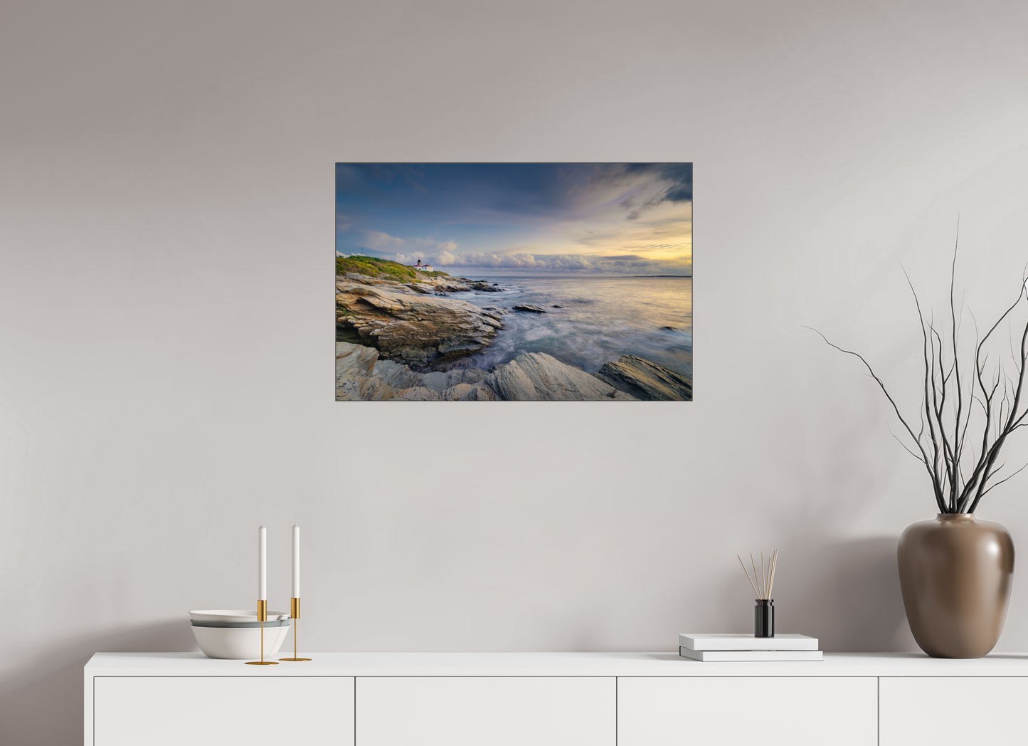 30 x 20″, Photo Print under Acrylic Glass with Black Slimline Case Twilight at Beavertail Lighthouse