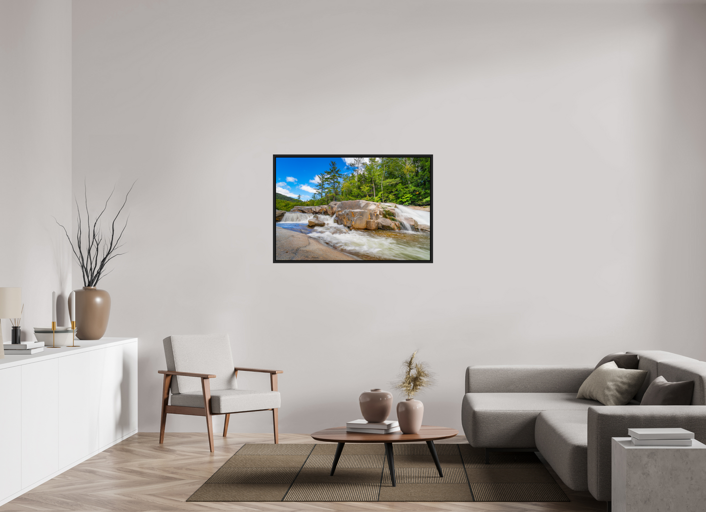 45 x 30″, ChromaLuxe HD Metal Print with Black Wood Floater Frame Kancamagus Waterfall