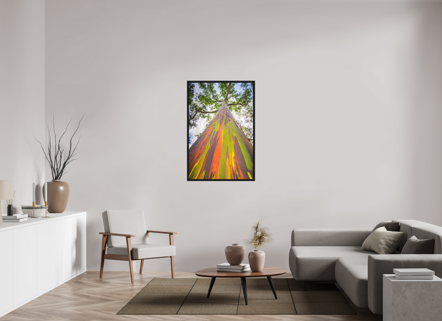30 x 45″, Photo Print under Acrylic Glass with Black Wood Floater Frame Rainbow Eucalyptus Tree