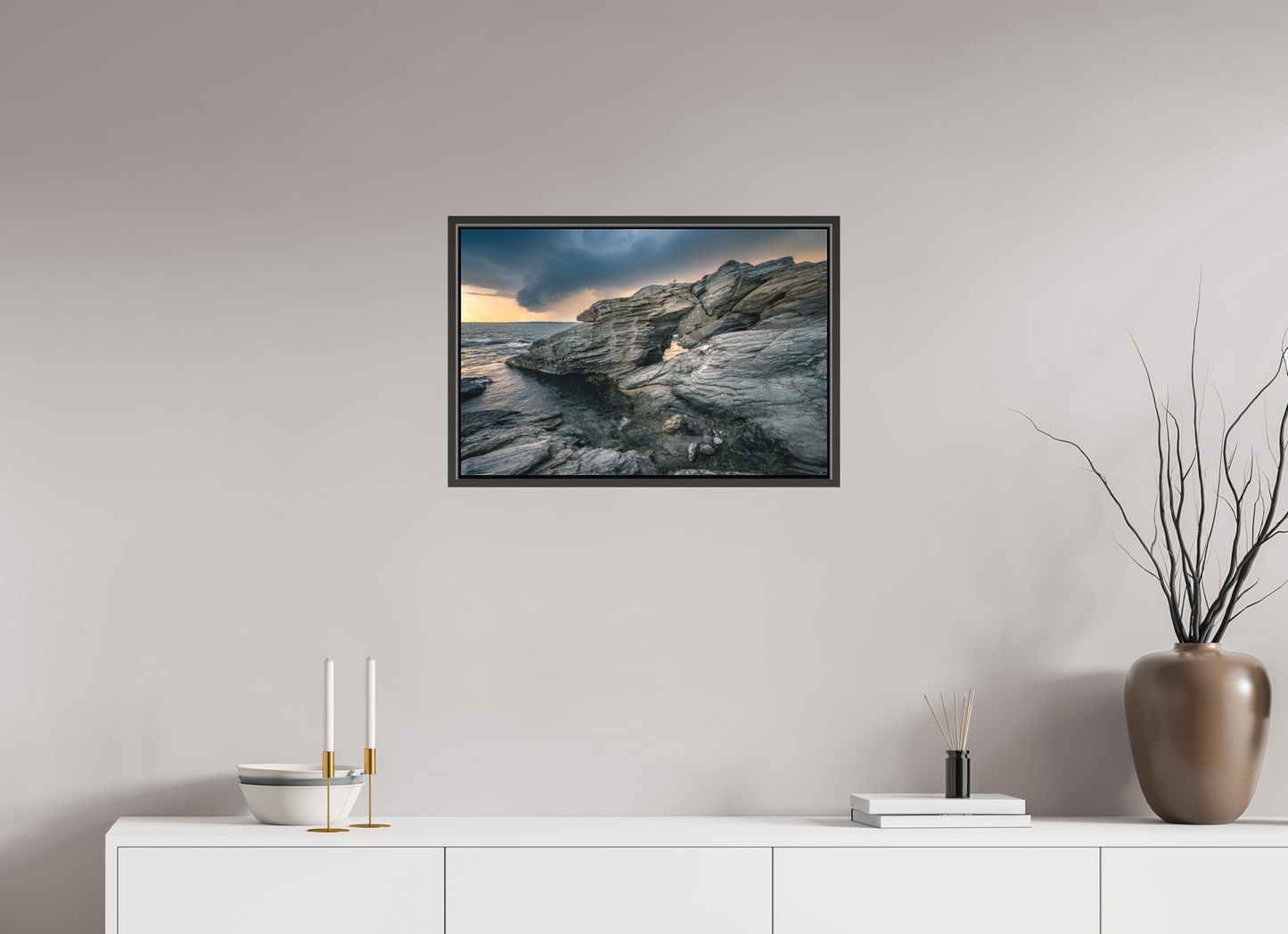 24 x 16″, Matte Canvas Print with Black Wood Floater Frame Thunderstorm Over Beavertail Arch
