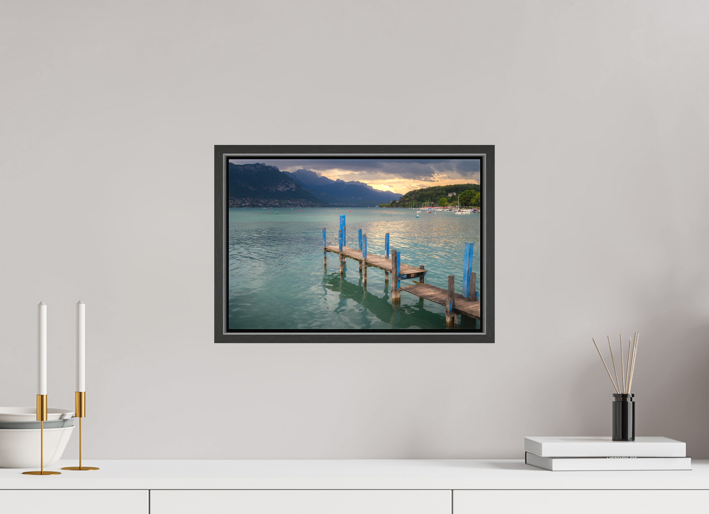 15 x 10″, Matte Canvas Print with Black Wood Floater Frame Thunderstorm over Lake Annecy