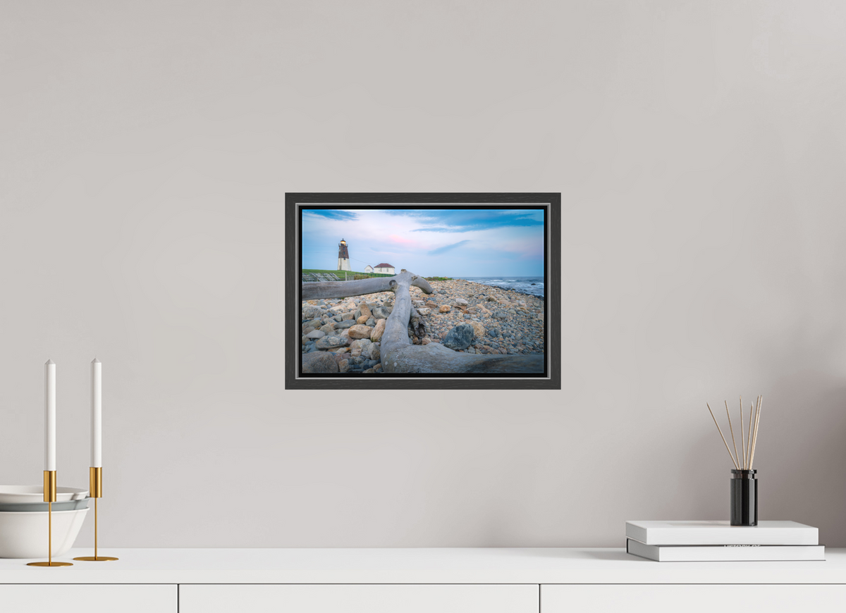 12 x 8″, Matte Canvas Print with Black Wood Floater Frame Driftwood at Pt. Judith Lighthouse