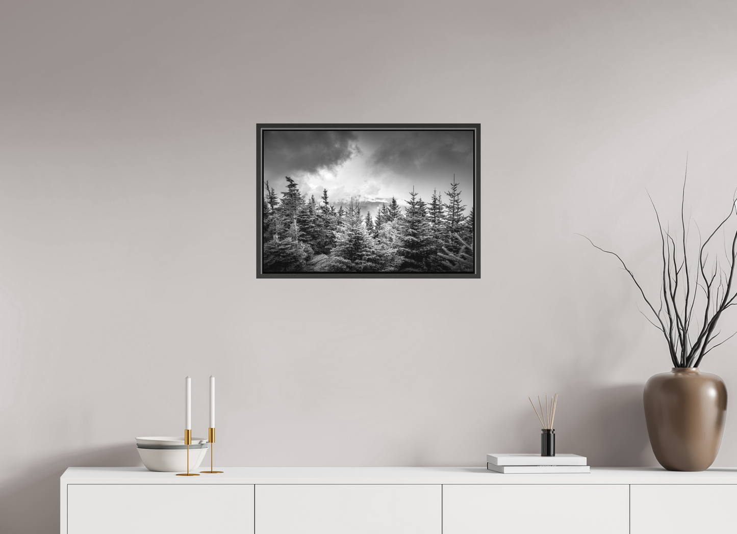 24 x 16″, Matte Canvas Print with Black Wood Floater Frame Pines in Mountain Clouds