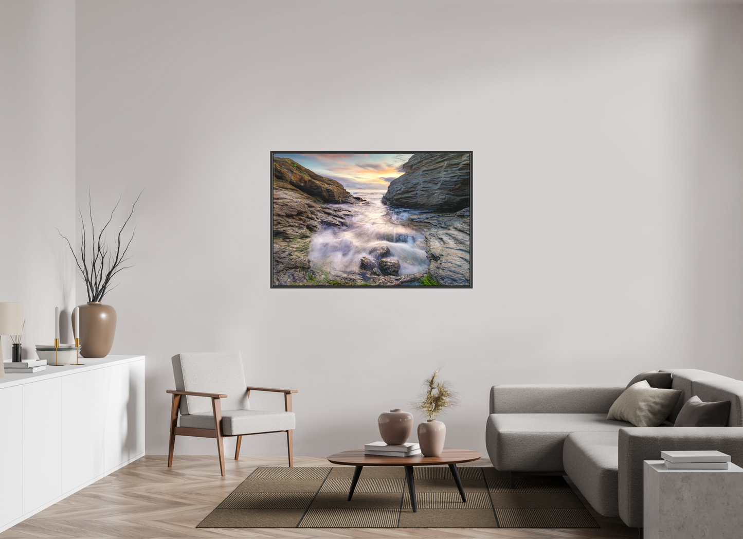 54 x 36″, Matte Canvas Print with Black Wood Floater Frame Waves Approaching