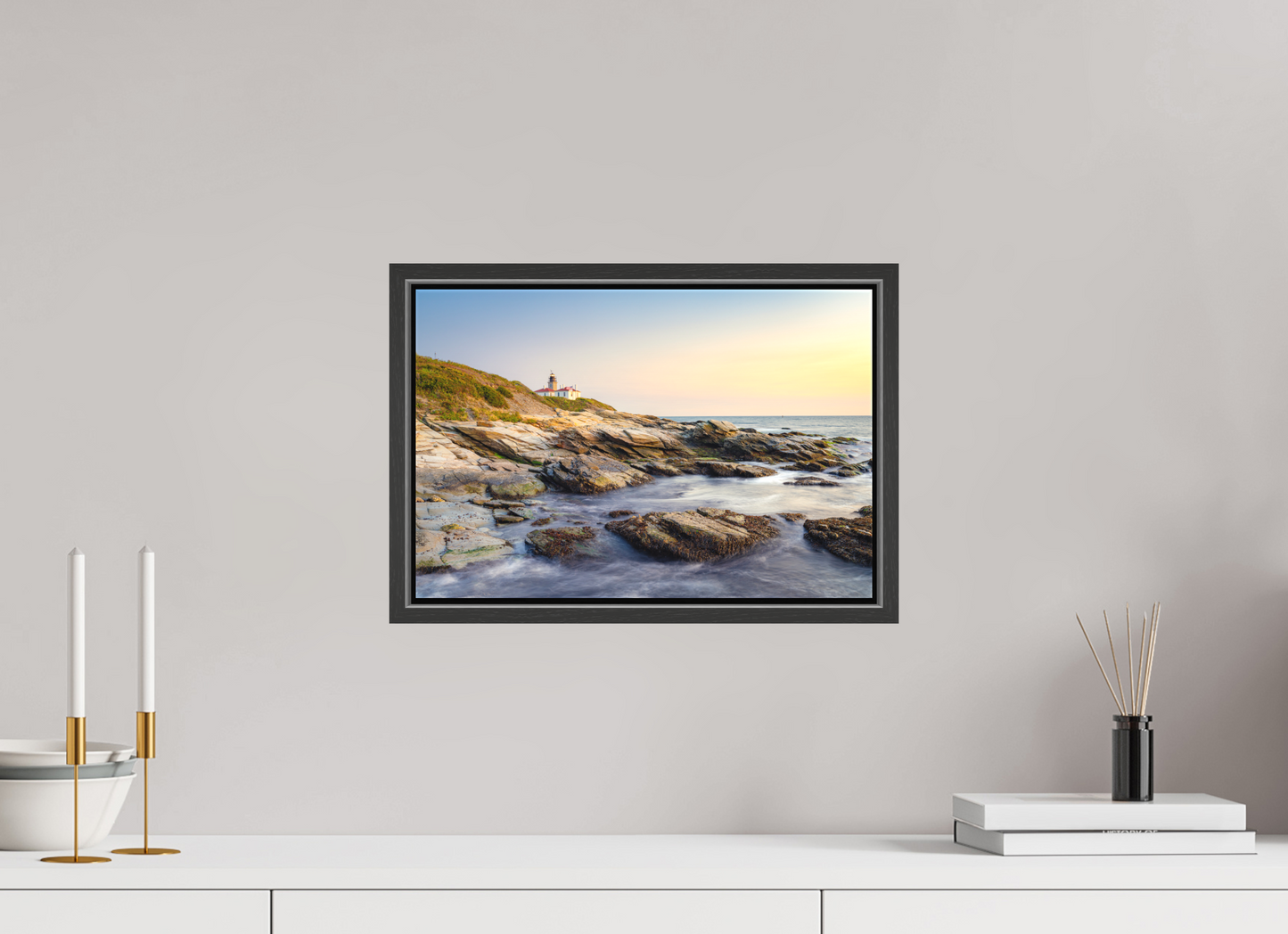 15 x 10″, Matte Canvas Print with Black Wood Floater Frame Beavertail Lighthouse
