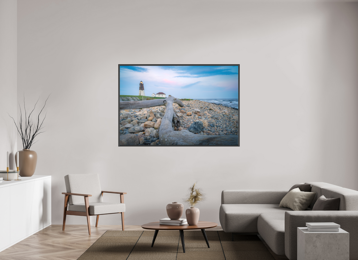 66 x 44″, Matte Canvas Print with Black Wood Floater Frame Driftwood at Pt. Judith Lighthouse