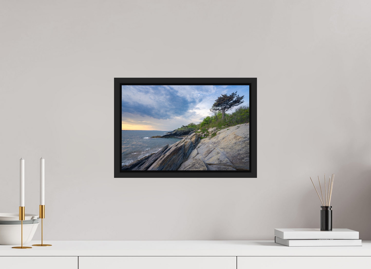 15 x 10″, Premium Photo Print under Acrylic Glass with Black Wood Floater Frame Rain in the Distance at Beavertail