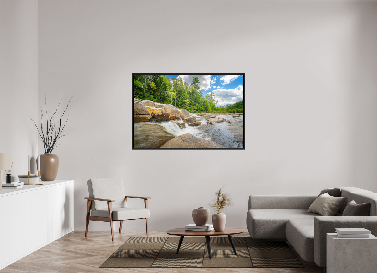 60 x 40″, ChromaLuxe HD Metal Print with Black Wood Floater Frame Over the Falls