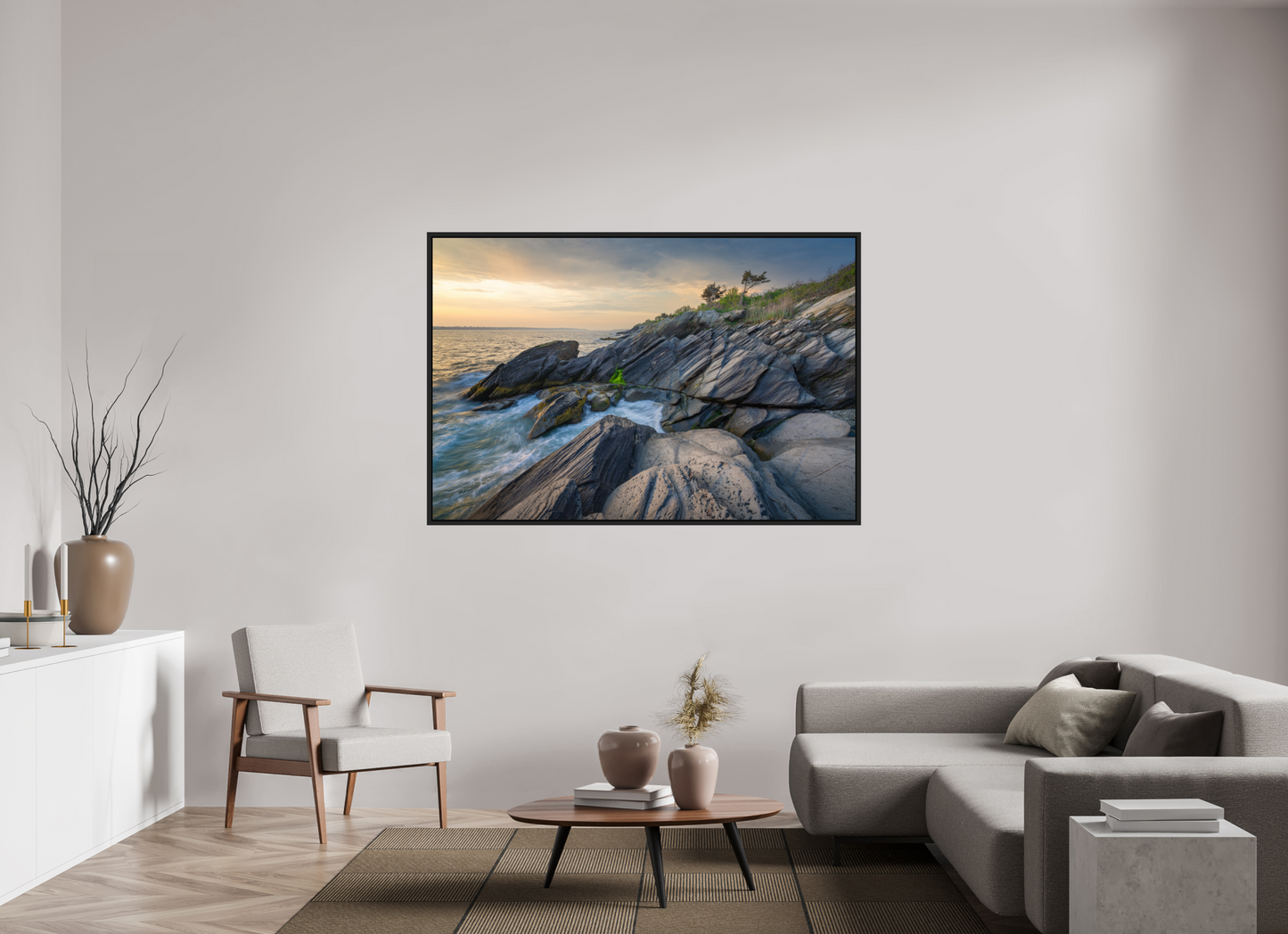 66 x 44″, Premium Photo Print under Acrylic Glass with Black Wood Floater Frame Sunset Glow at Beavertail