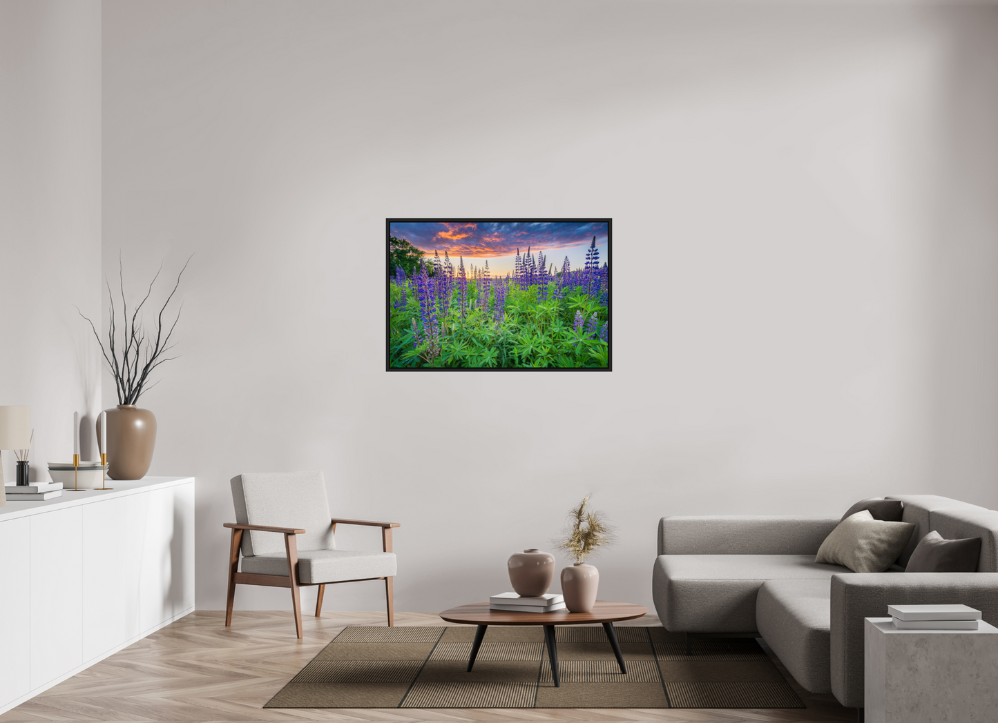 45 x 30″, Premium ChromaLuxe HD Aluminum Metal Print with Black Wood Floater Frame Lupine Sunset