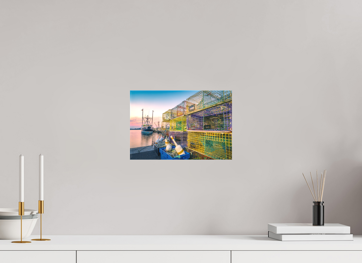 12 x 8″, Matte Canvas Print A Wall of Colorful Lobster Pots