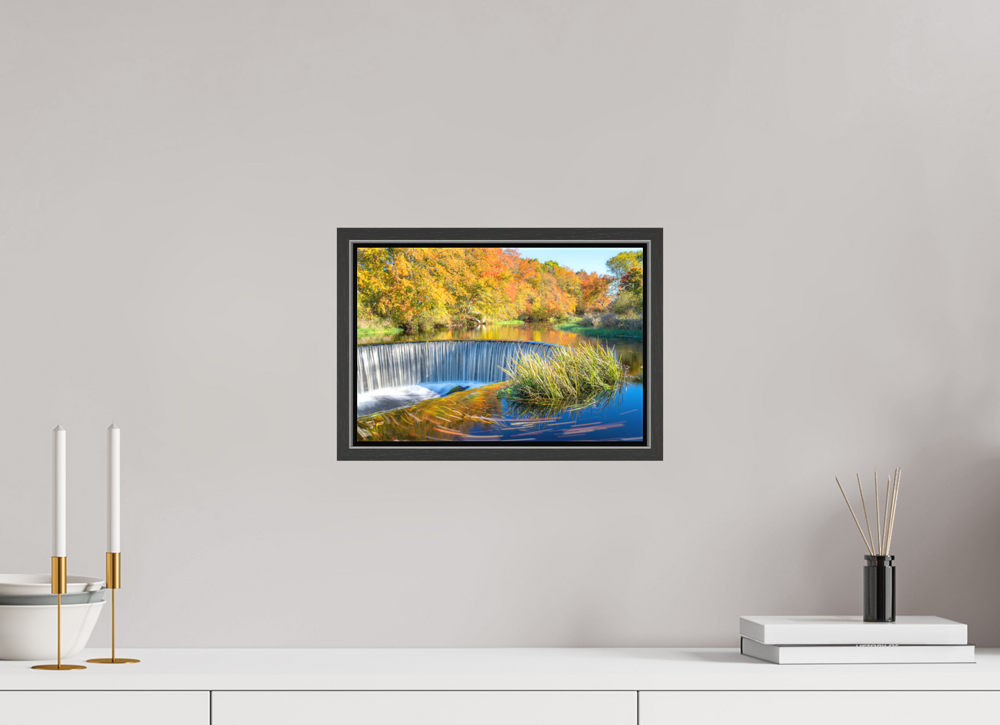12 x 8″, Matte Canvas Print with Black Wood Floater Frame Peak Fall Colors Over Horseshoe Falls