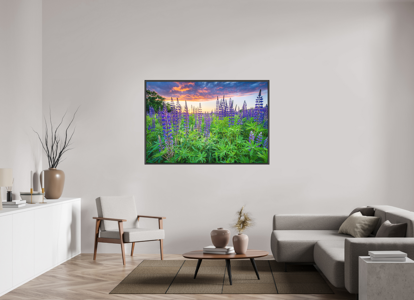 60 x 40″, Matte Canvas Print with Black Wood Floater Frame Lupine Sunset