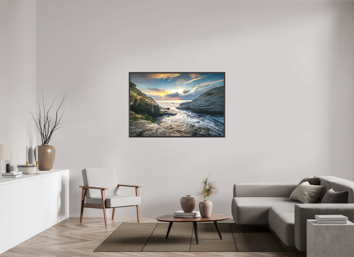 54 x 36″, Matte Canvas Print with Black Wood Floater Frame Vanishing Sun