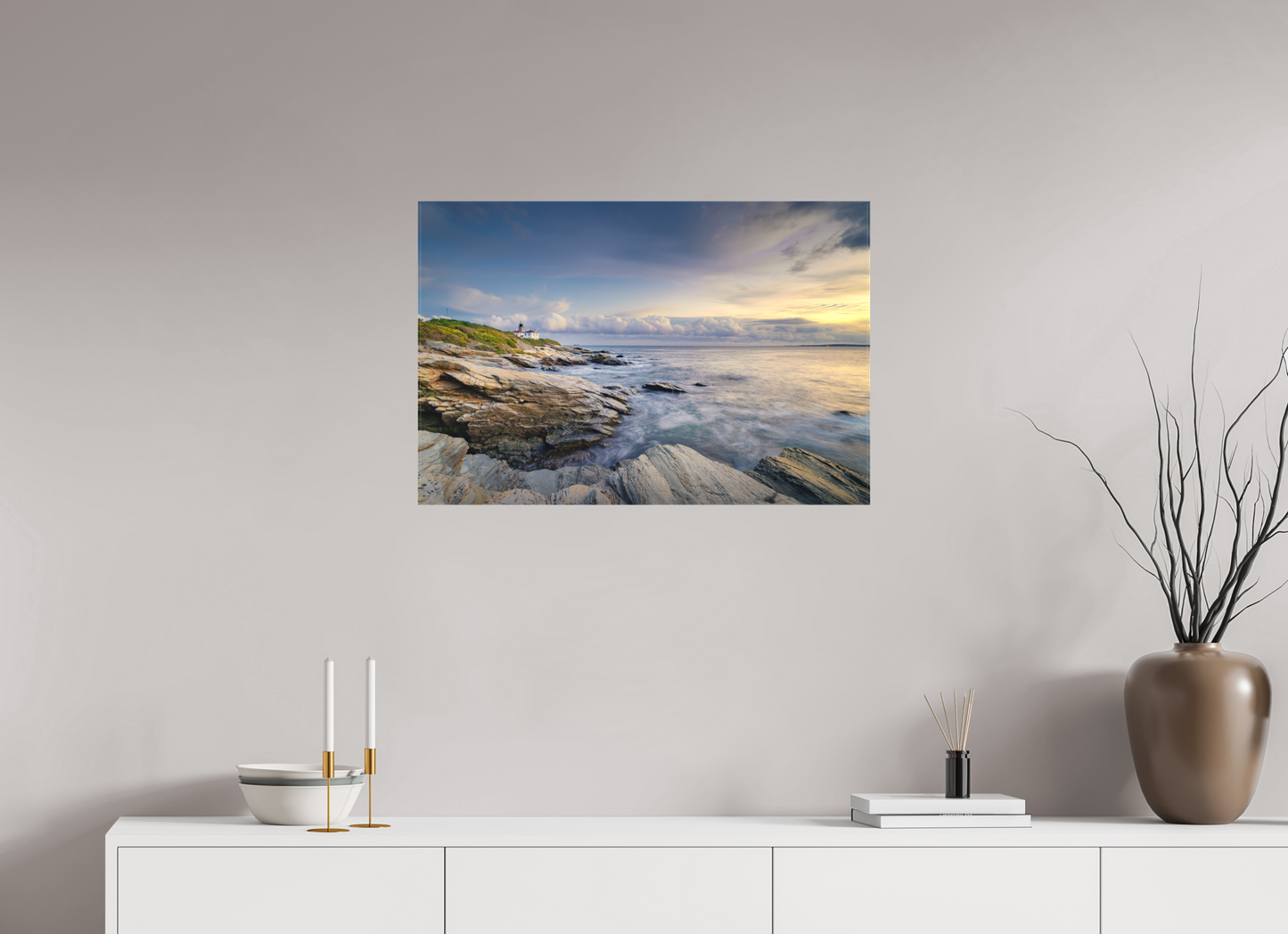 30 x 20″, Matte Canvas Print Twilight at Beavertail Lighthouse