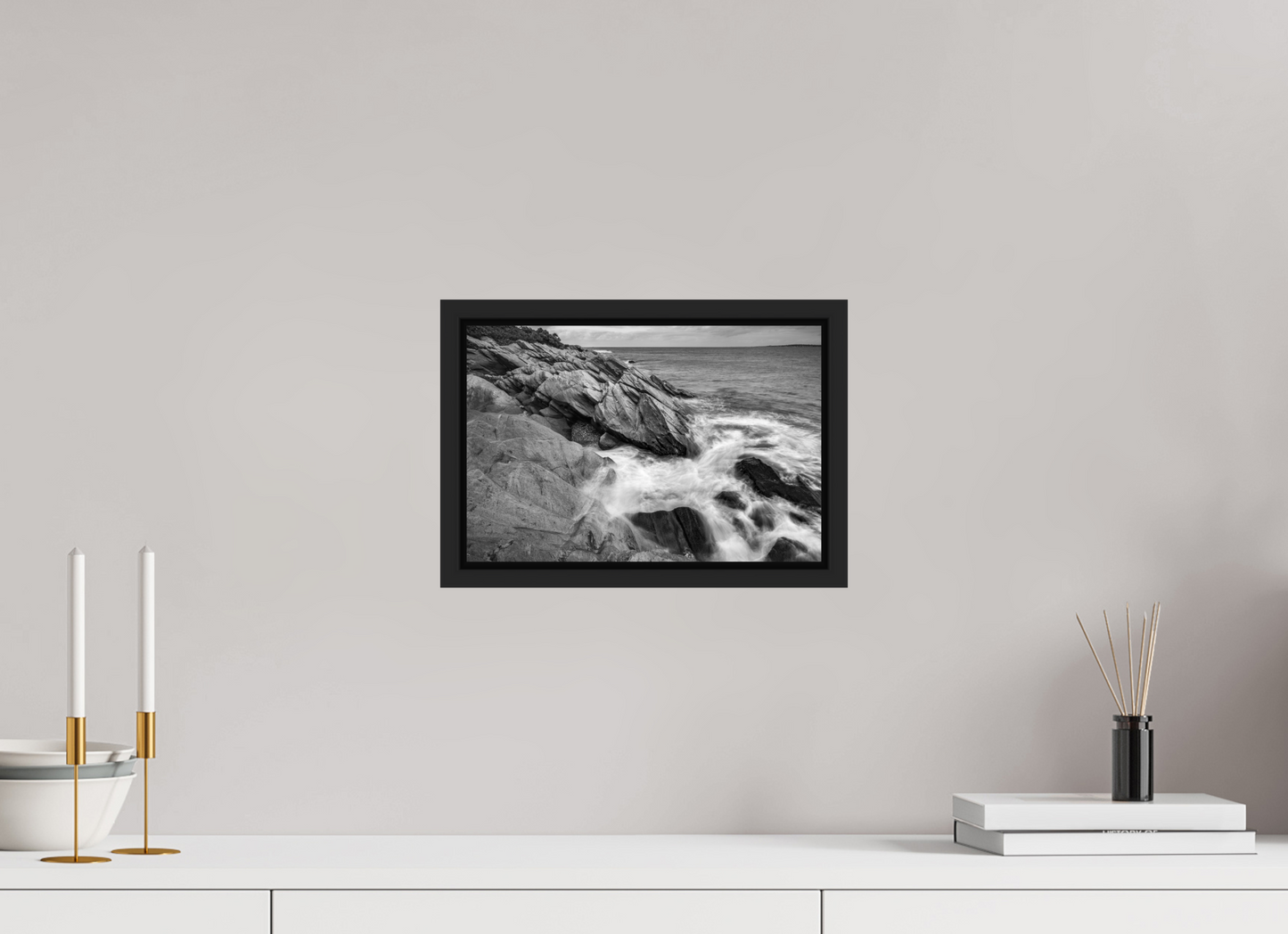 12 x 8″, Photo Print under Acrylic Glass with Black Wood Floater Frame Beavertail Cliffs