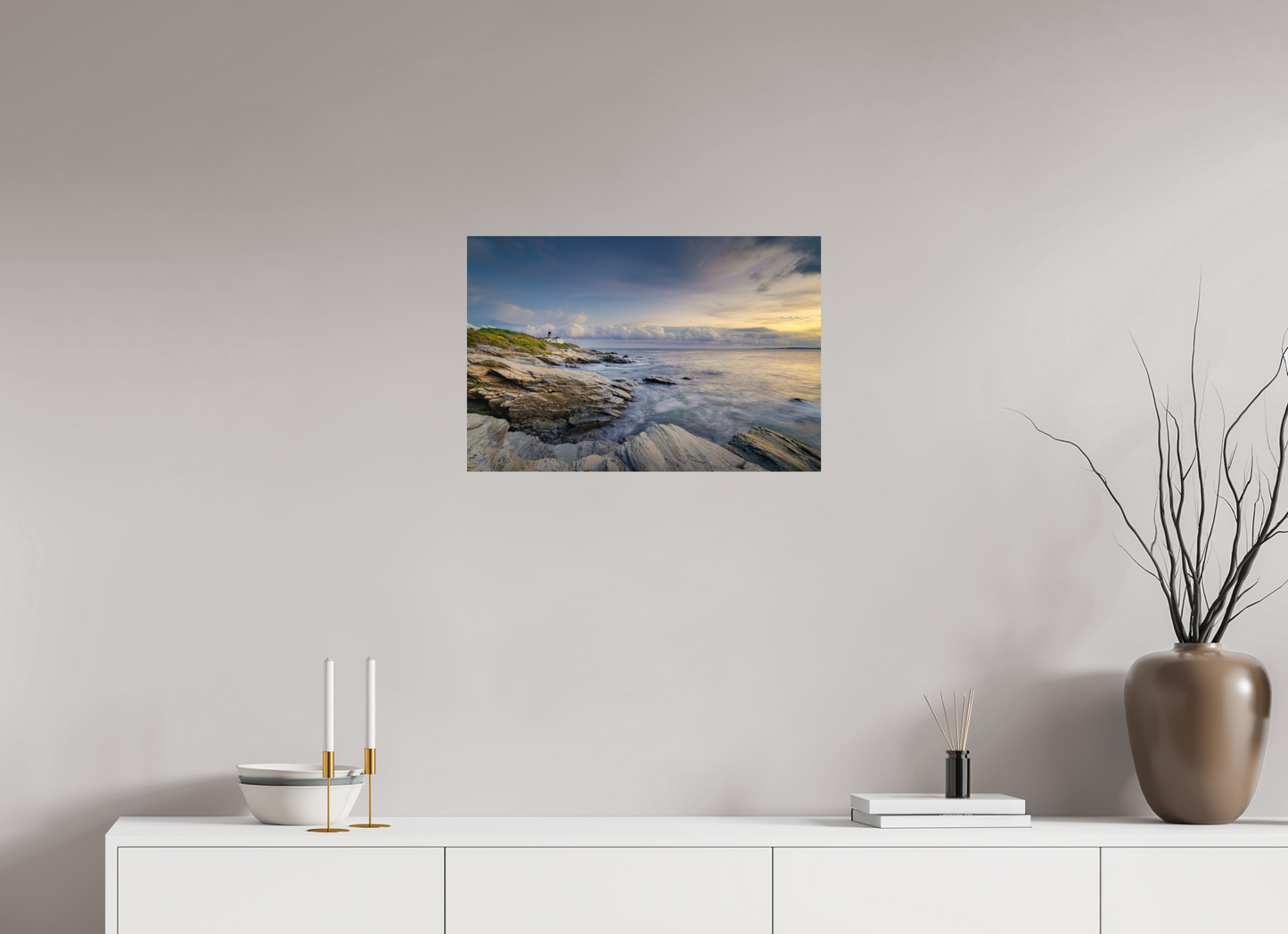 24 x 16″, Photo Print on Fujiflex High Gloss Twilight at Beavertail Lighthouse