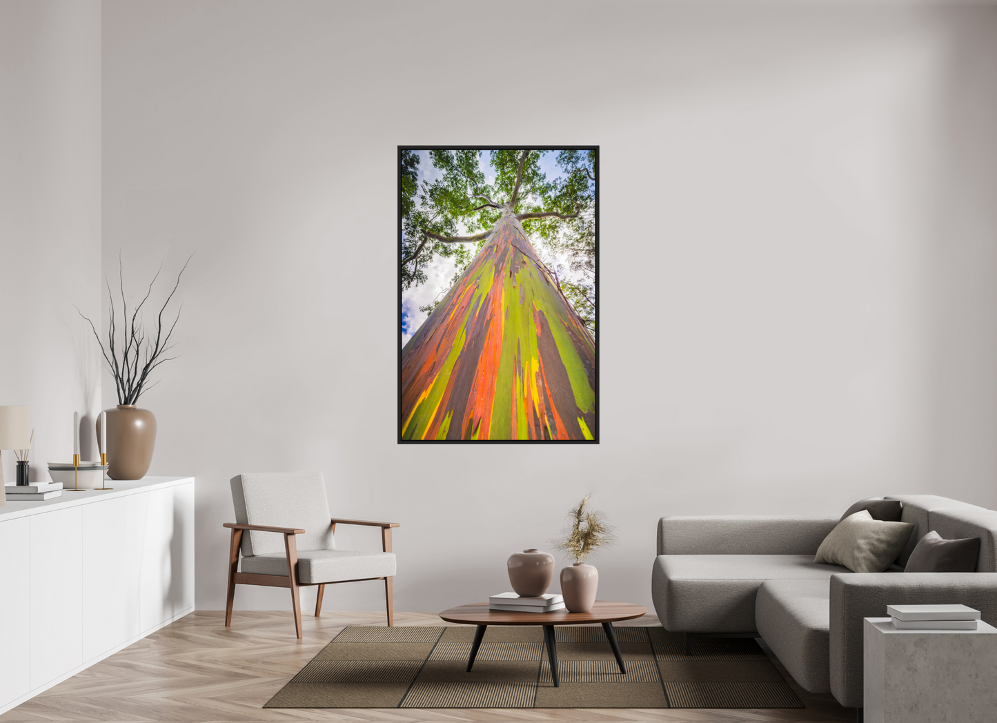 40 x 60″, ChromaLuxe HD Metal Print with Black Wood Floater Frame Rainbow Eucalyptus Tree