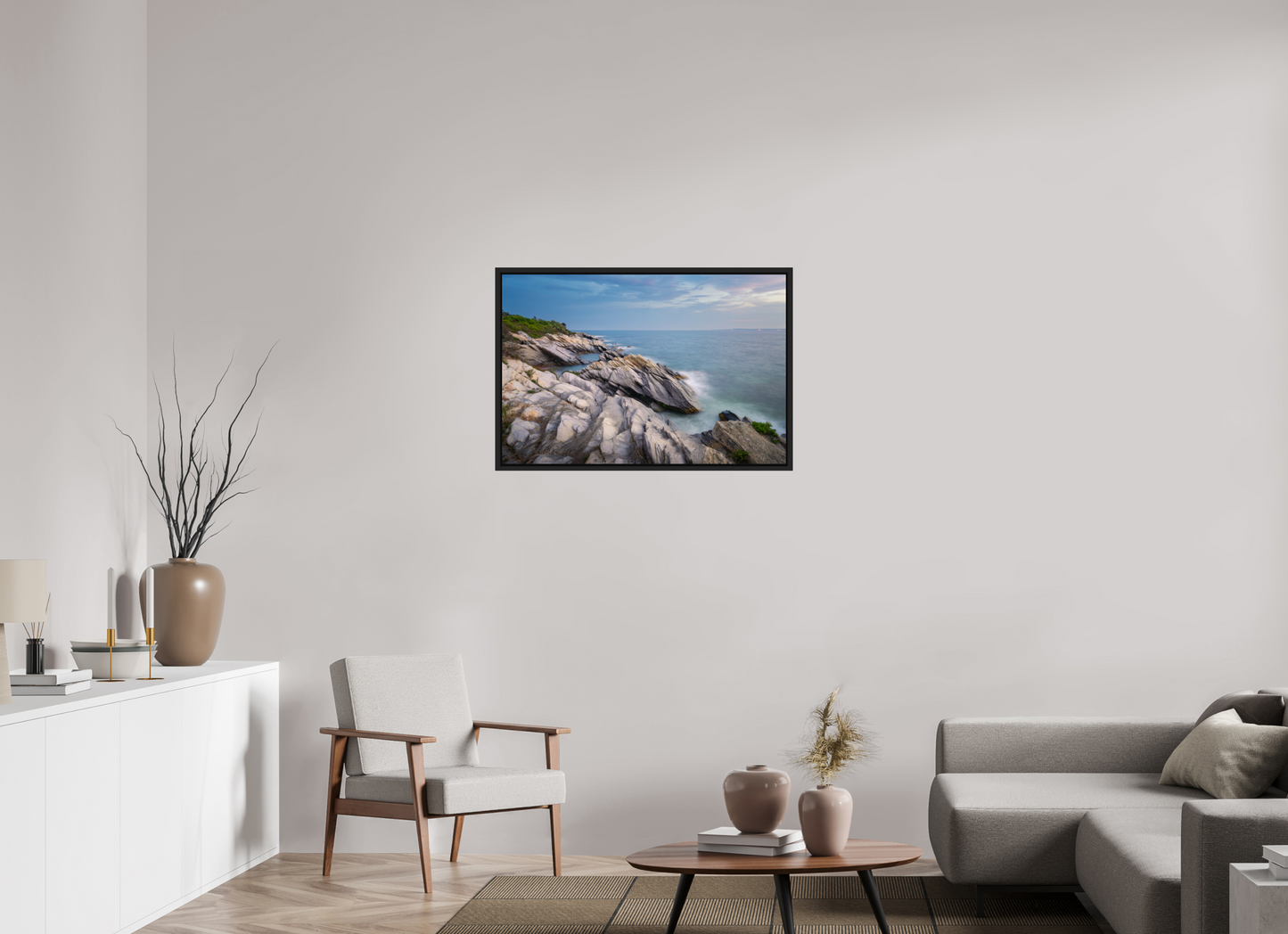 36 x 24″, Premium Photo Print under Acrylic Glass with Black Wood Floater Frame Blue Hour at Beavertail