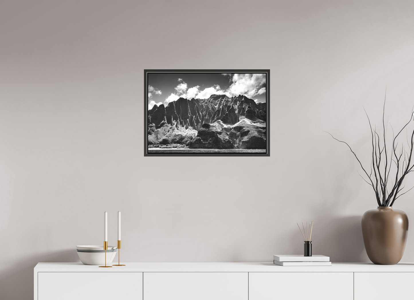 24 x 16″, Matte Canvas Print with Black Wood Floater Frame Rugged Coastline Along the Napali Coast