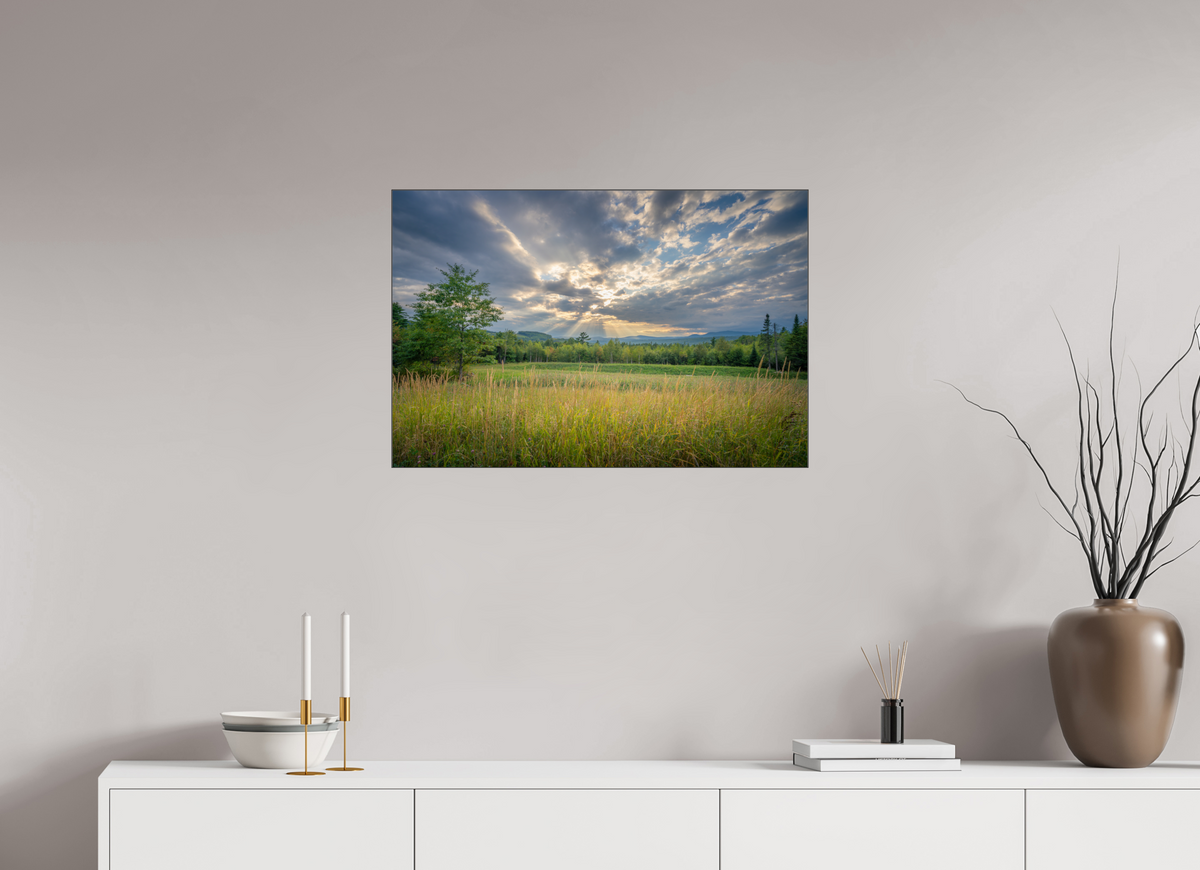 30 x 20″, Premium Photo Print under Acrylic Glass with Black Slimline Case Mountain Sun Rays