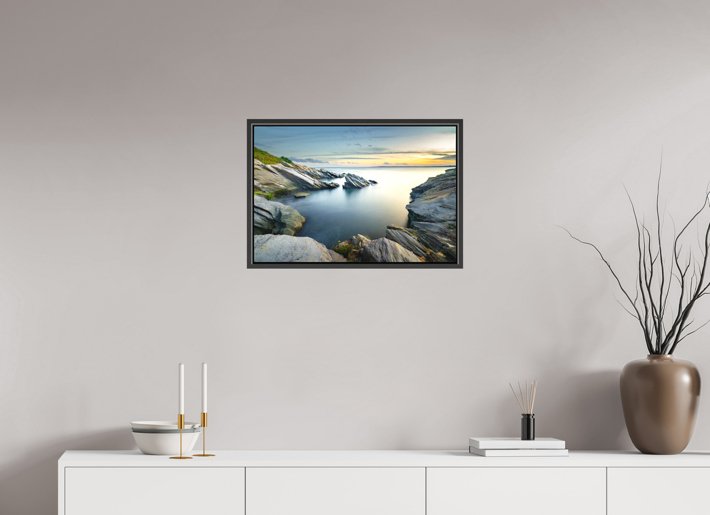 24 x 16″, Matte Canvas Print with Black Wood Floater Frame Sunset and Solitude
