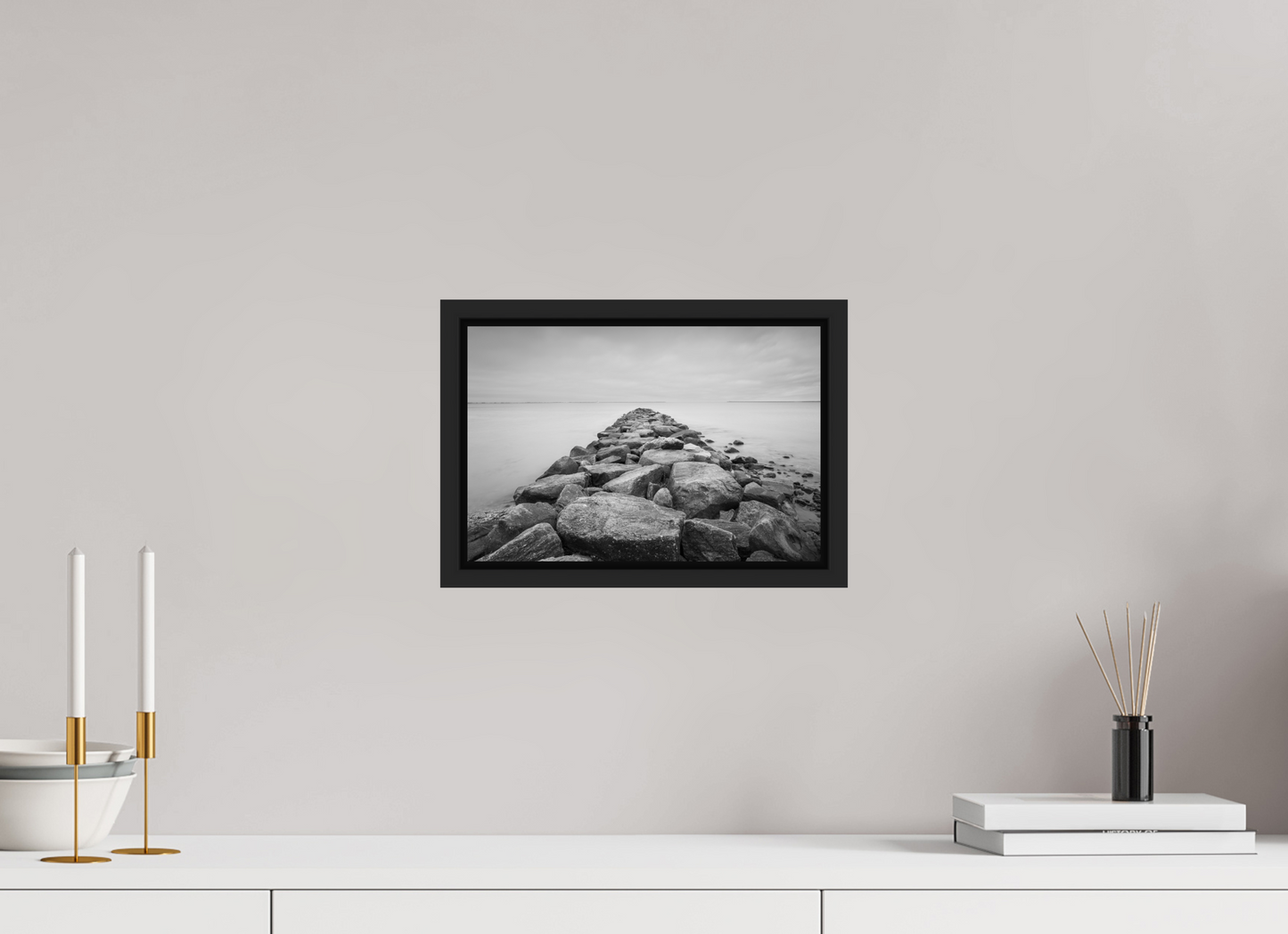 12 x 8″, ChromaLuxe HD Metal Print with Black Wood Floater Frame Sand Hill Cove Rocks