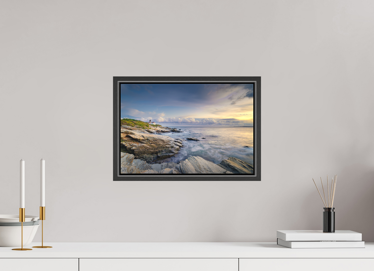 15 x 10″, Matte Canvas Print with Black Wood Floater Frame Twilight at Beavertail Lighthouse