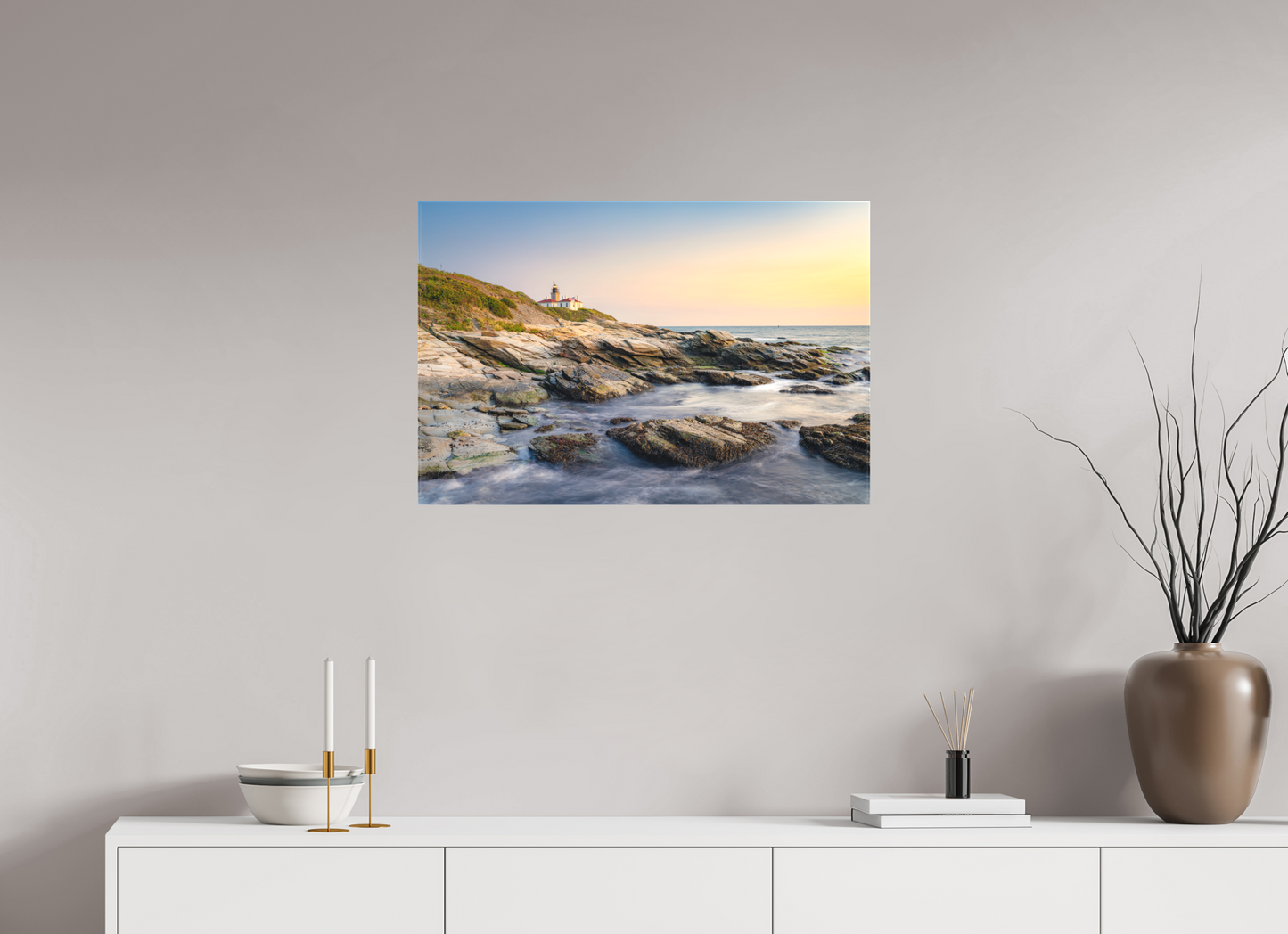 30 x 20″, Matte Canvas Print Quiet Sunset at Beavertail Lighthouse