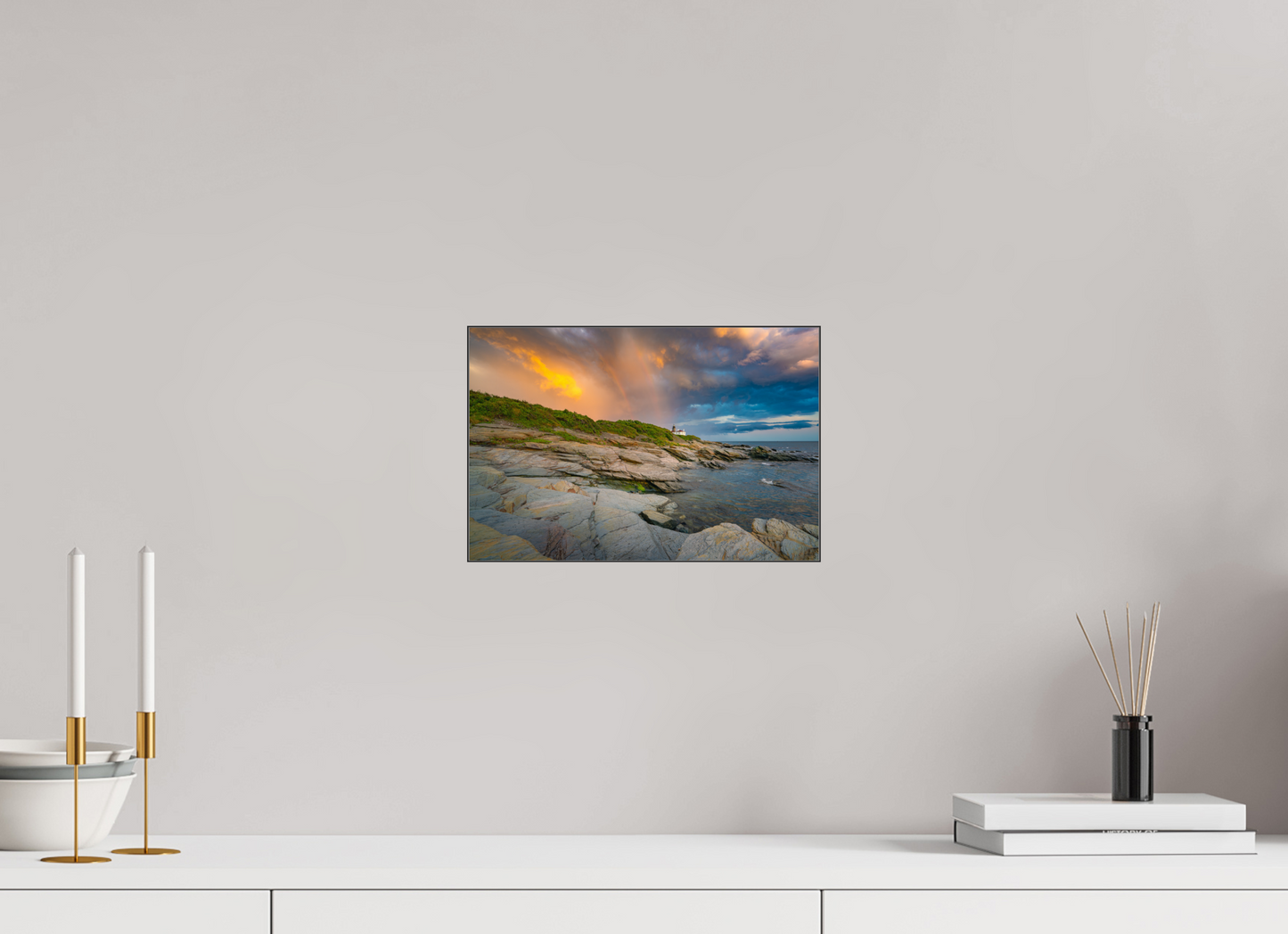 12 x 8″, Premium Photo Print under Acrylic Glass with Black Slimline Case Rainbow Over Beavertail Lighthouse