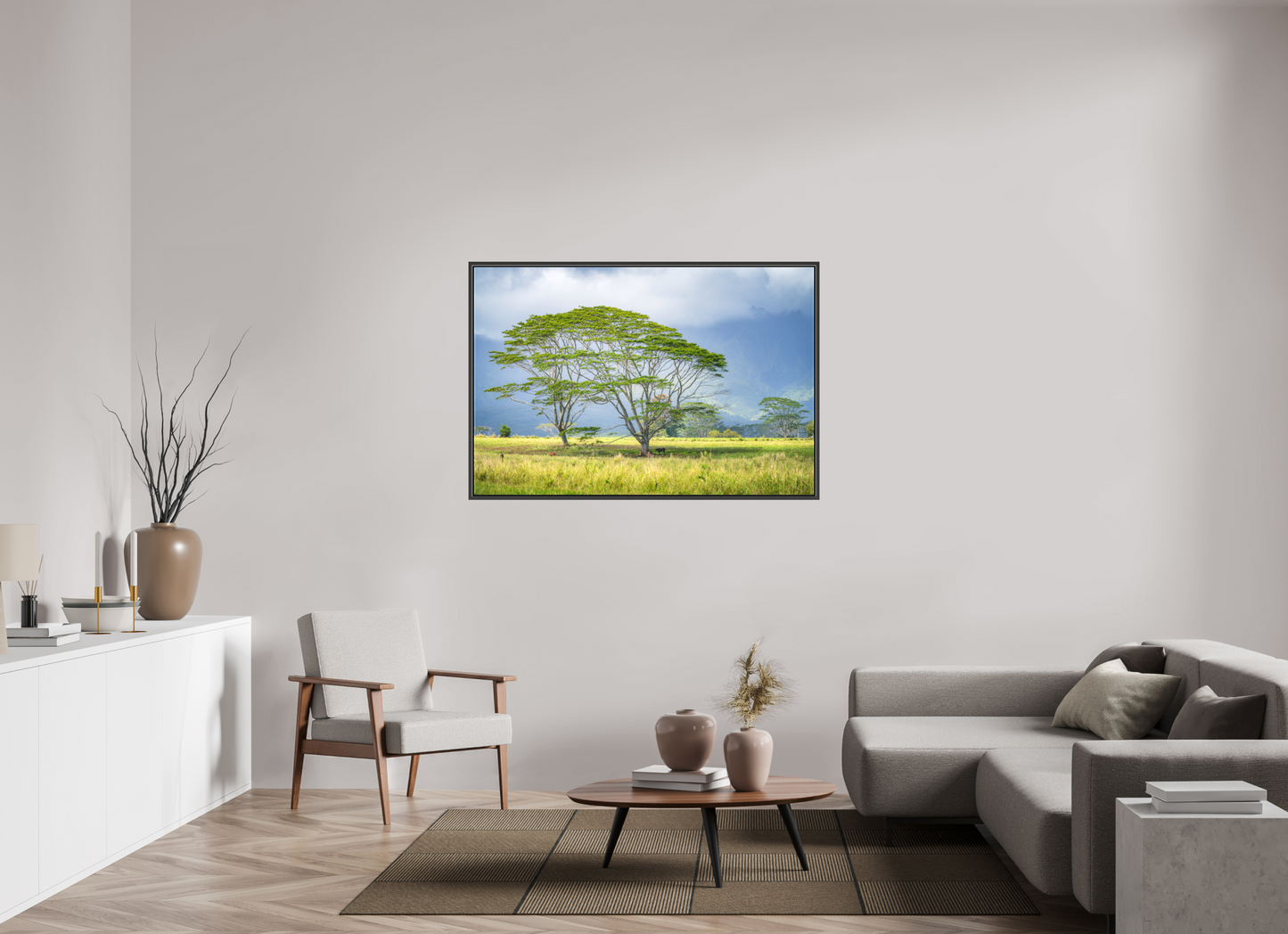 54 x 36″, Matte Canvas Print with Black Wood Floater Frame Savanna Trees of Kauai