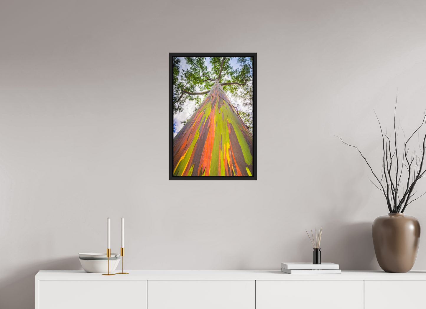 16 x 24″, Photo Print under Acrylic Glass with Black Wood Floater Frame Rainbow Eucalyptus Tree