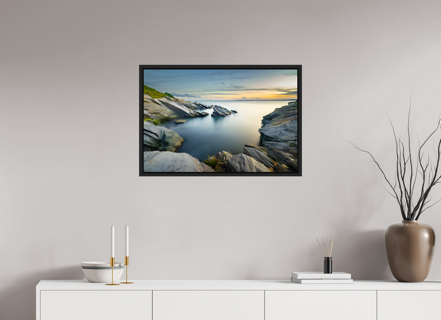 30 x 20″, Photo Print Under Acrylic Glass with Black Wood Floater Frame Sunset and Solitude
