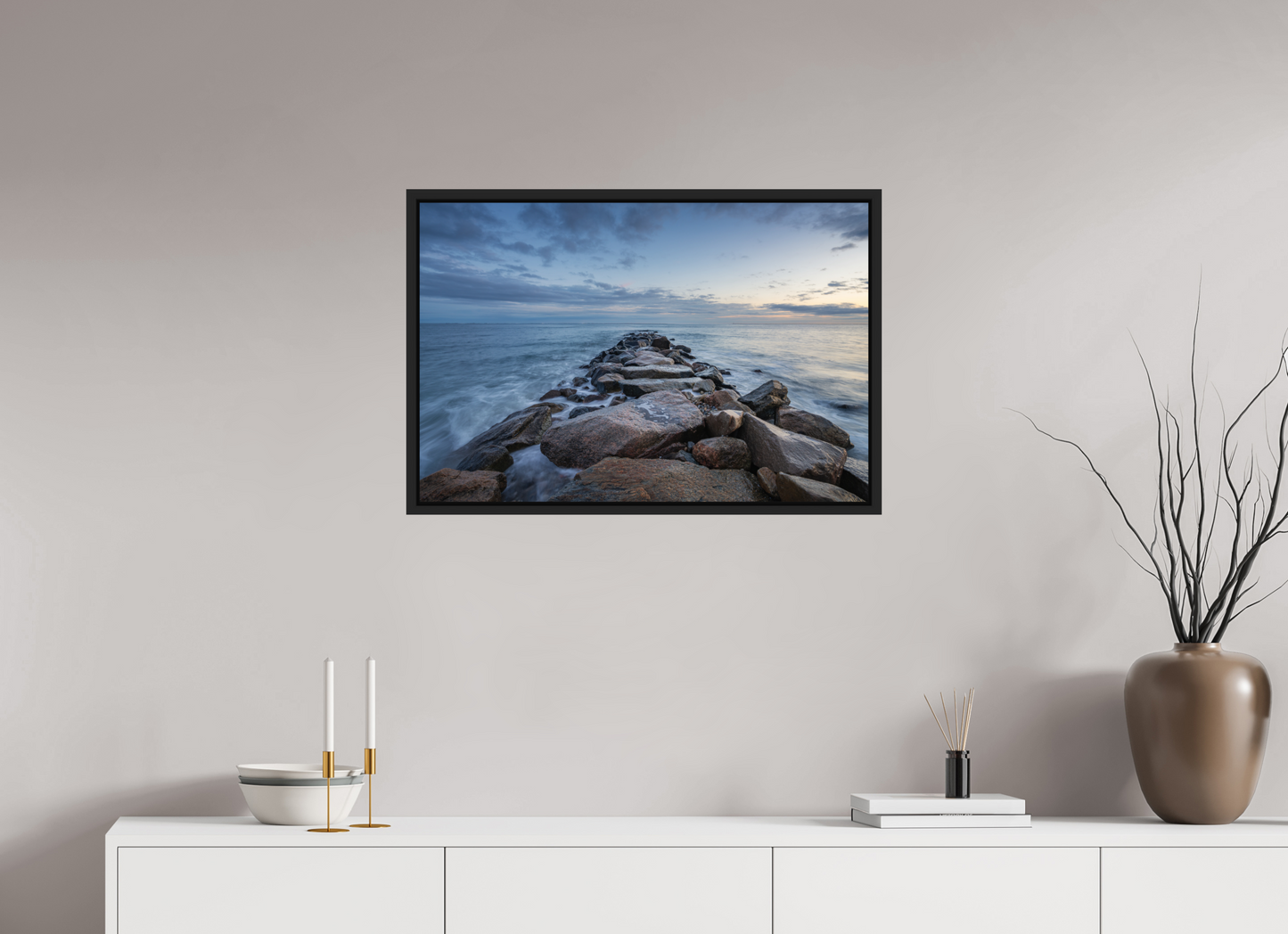 30 x 20″, Photo Print under Acrylic Glass with Black Wood Floater Frame Roger Wheeler State Beach at Blue Hour
