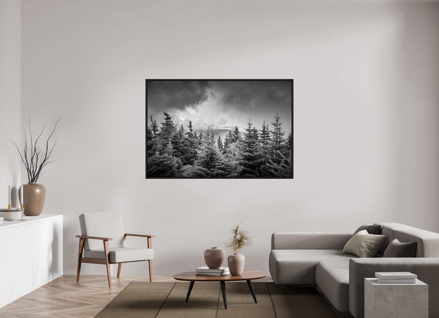 66 x 44″, Photo Print under Acrylic Glass with Black Wood Floater Frame Pines in Mountain Clouds