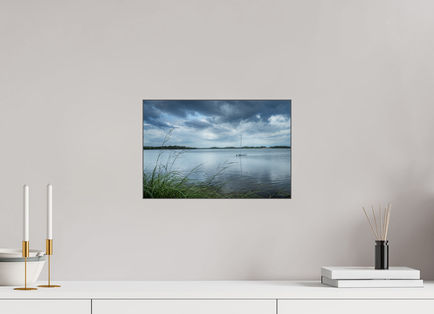 15 x 10″, Photo Print under Acrylic Glass with Black Slimline Case Lonely Boat on Sachem Pond