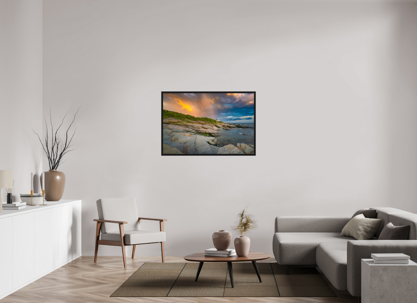 45 x 30″, Premium Photo Print under Acrylic Glass with Black Wood Floater Frame Rainbow Over Beavertail Lighthouse