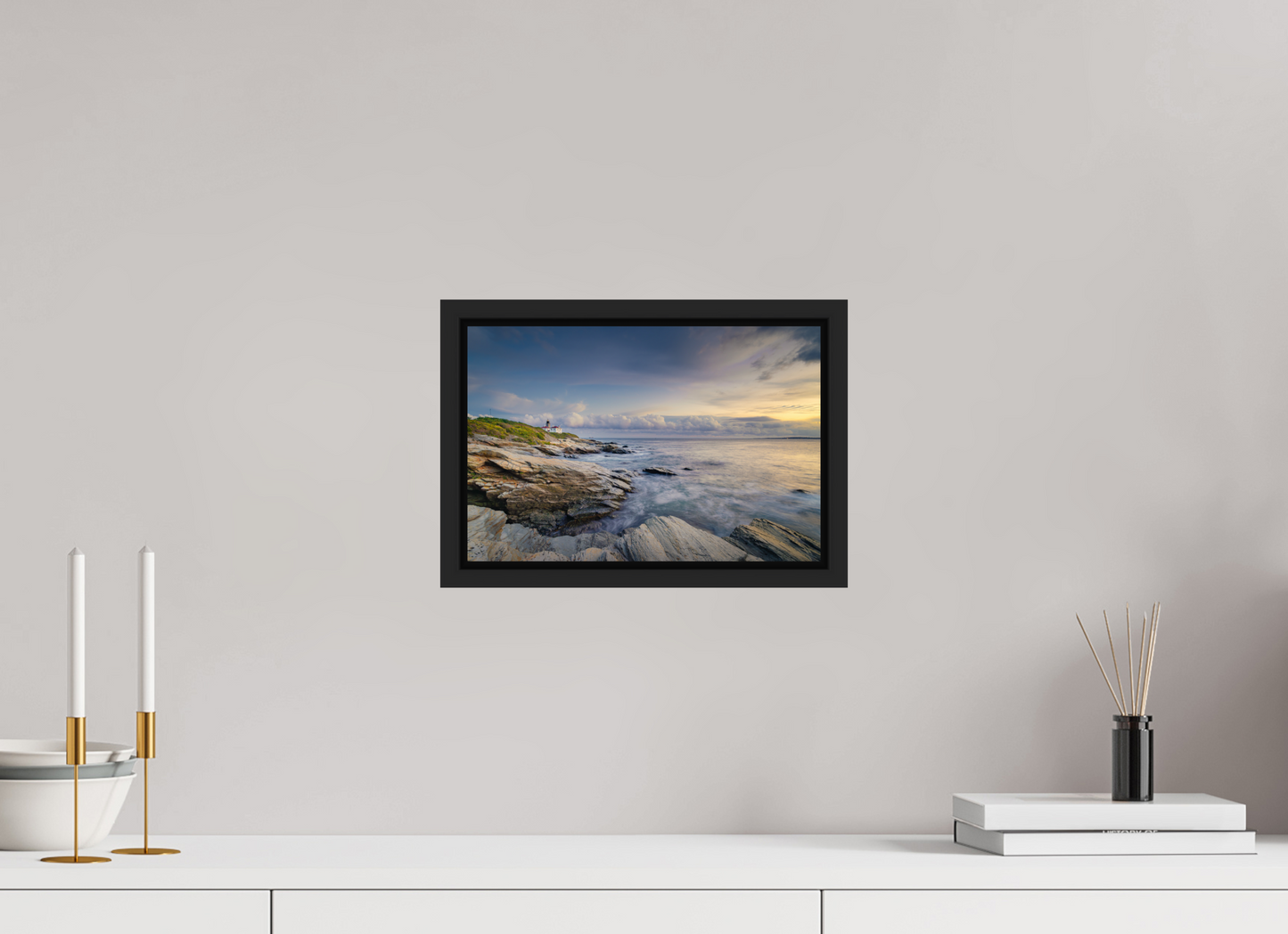 12 x 8″, ChromaLuxe HD Metal Print with Black Wood Floater Frame Twilight at Beavertail Lighthouse