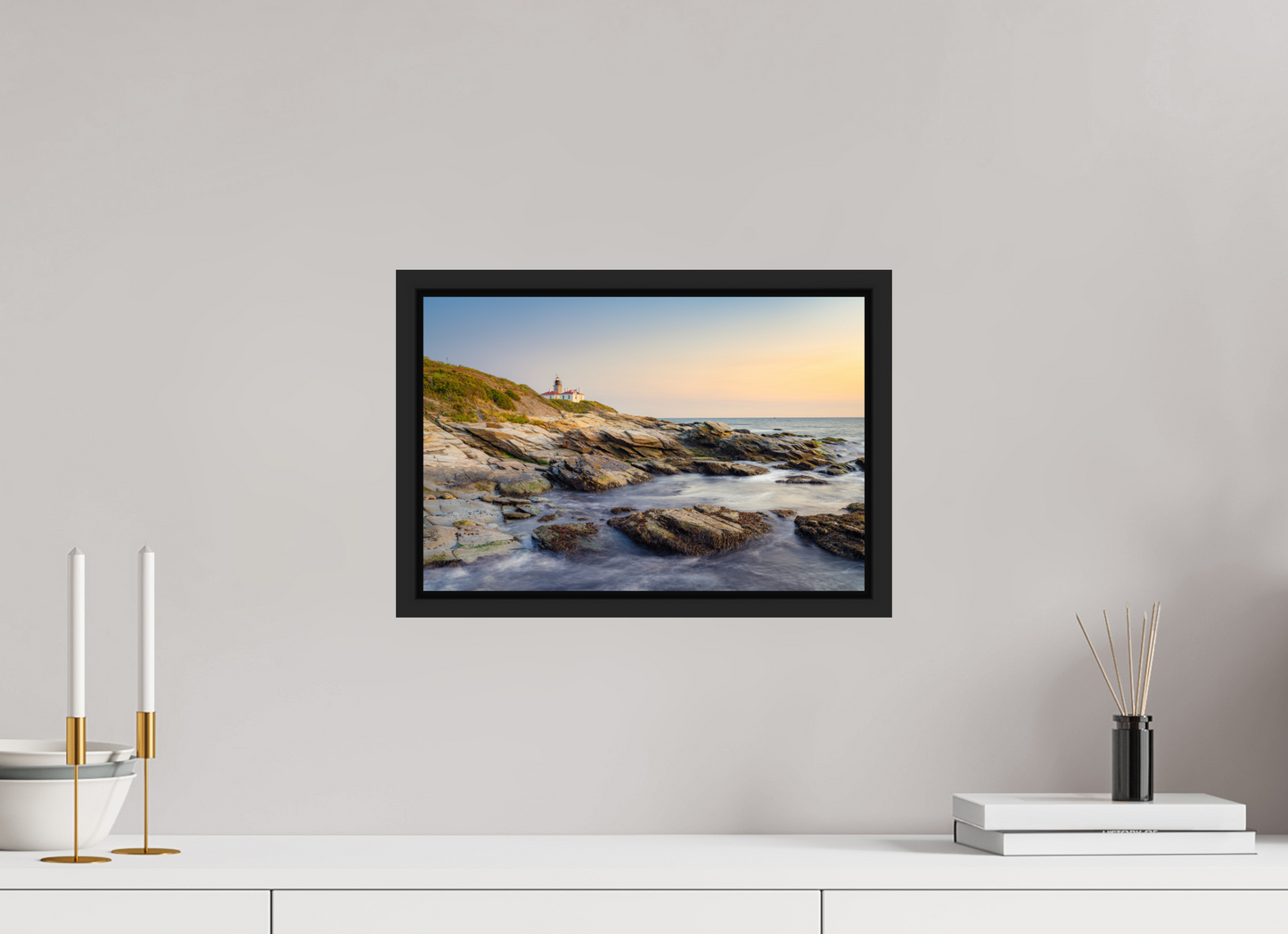 15 x 10″, ChromaLuxe HD Metal Print with Black Wood Floater Frame Beavertail Lighthouse