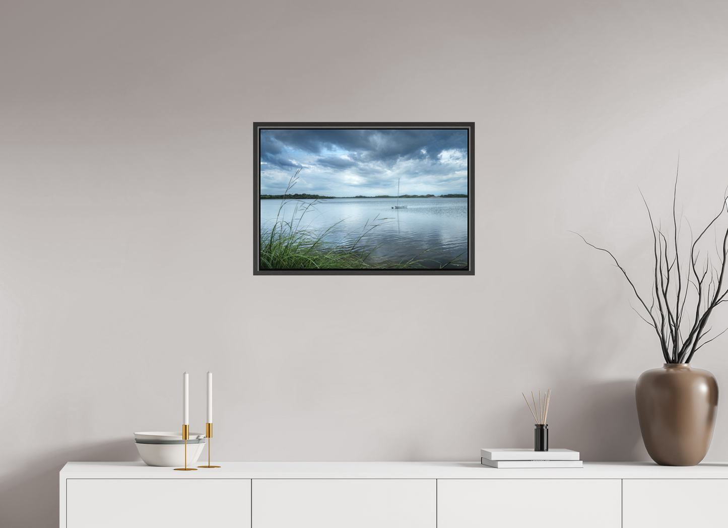 24 x 16″, Matte Canvas Print with Black Wood Floater Frame Lonely Boat on Sachem Pond