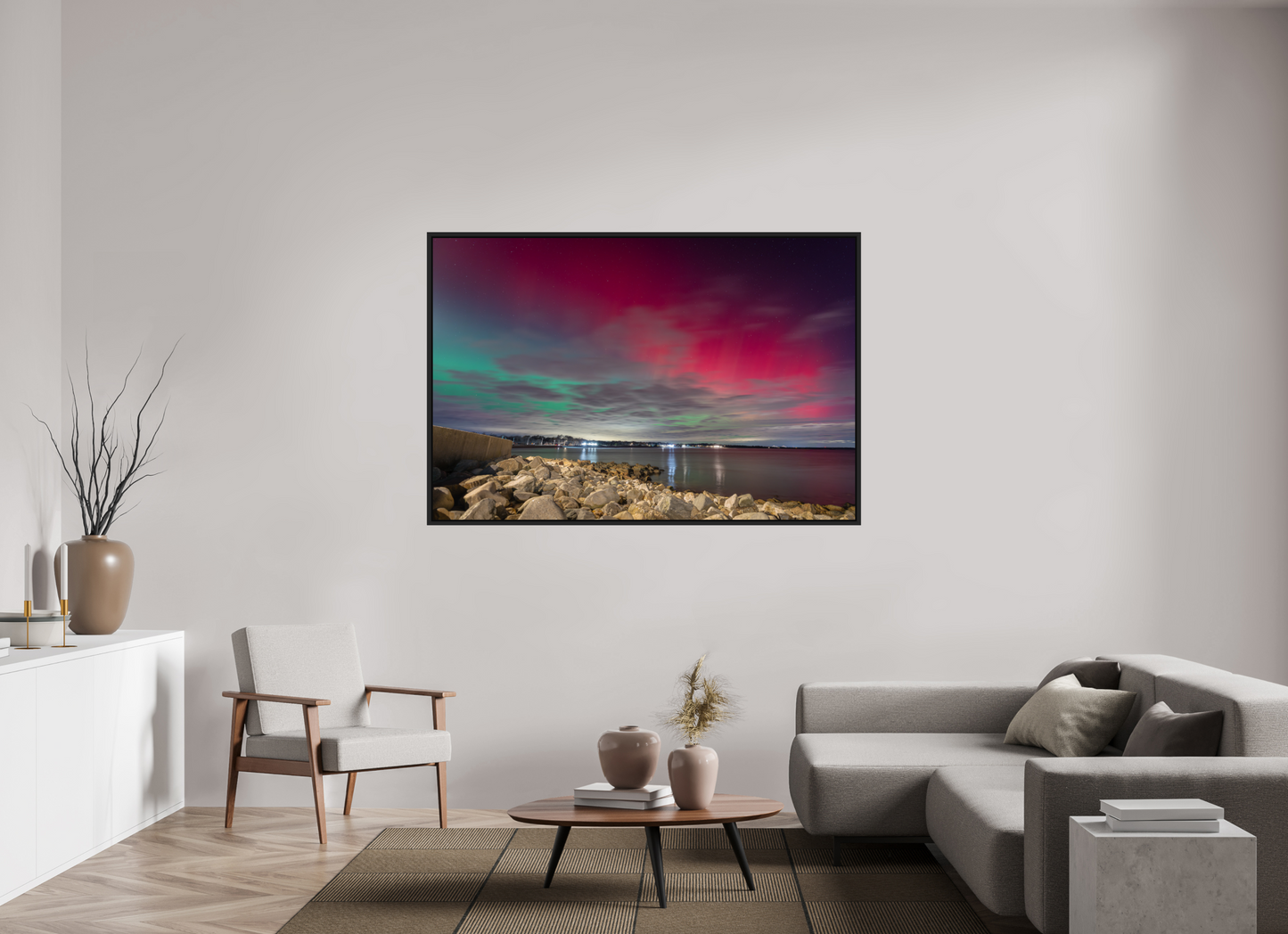 66 x 44″, Premium ChromaLuxe HD Aluminum Metal Print with Black Wood Floater Frame The Aurora Borealis over Narragansett Beach