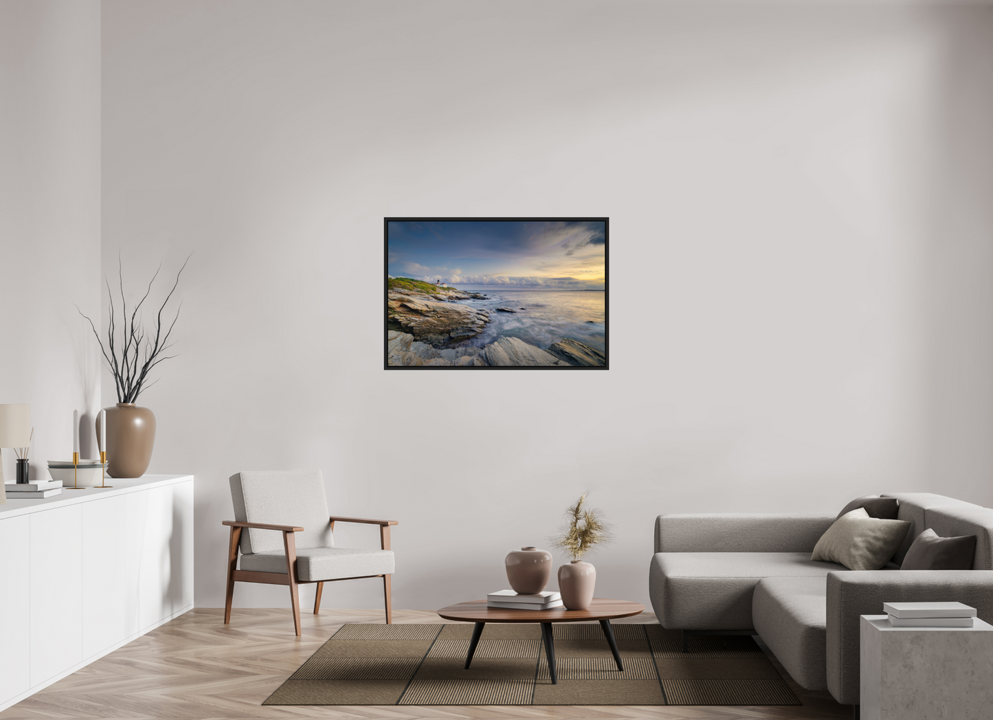 45 x 30″, Photo Print Under Acrylic Glass with Black Wood Floater Frame Twilight at Beavertail Lighthouse