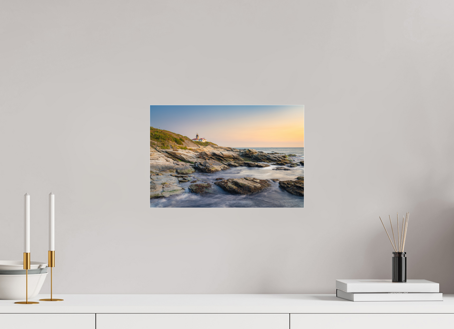 15 x 10″, Premium Photo Print under Acrylic Glass Quiet Sunset at Beavertail Lighthouse