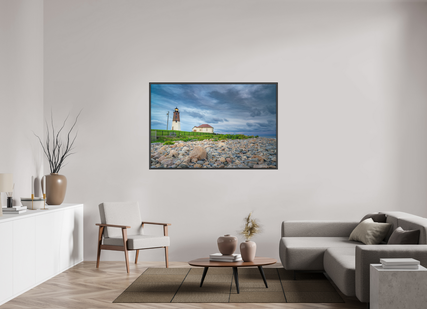 60 x 40″, Matte Canvas Print with Black Wood Floater Frame The Point Judith Lighthouse