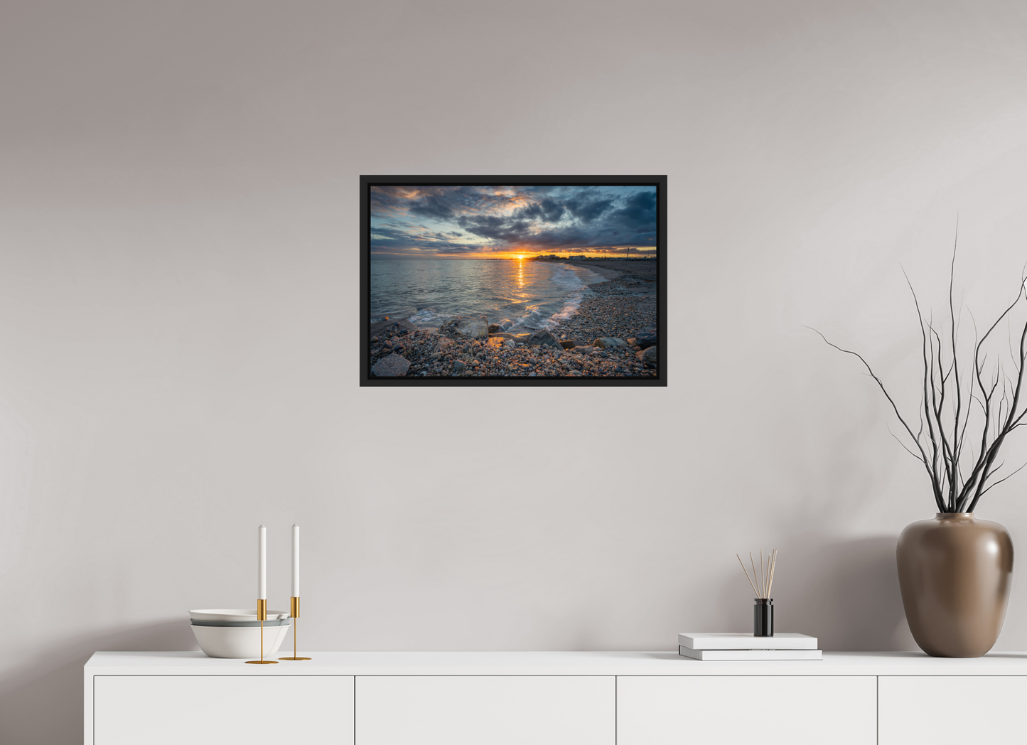 24 x 16″, Premium ChromaLuxe HD Aluminum Metal Print with Black Wood Floater Frame Roger Wheeler State Beach Sunset