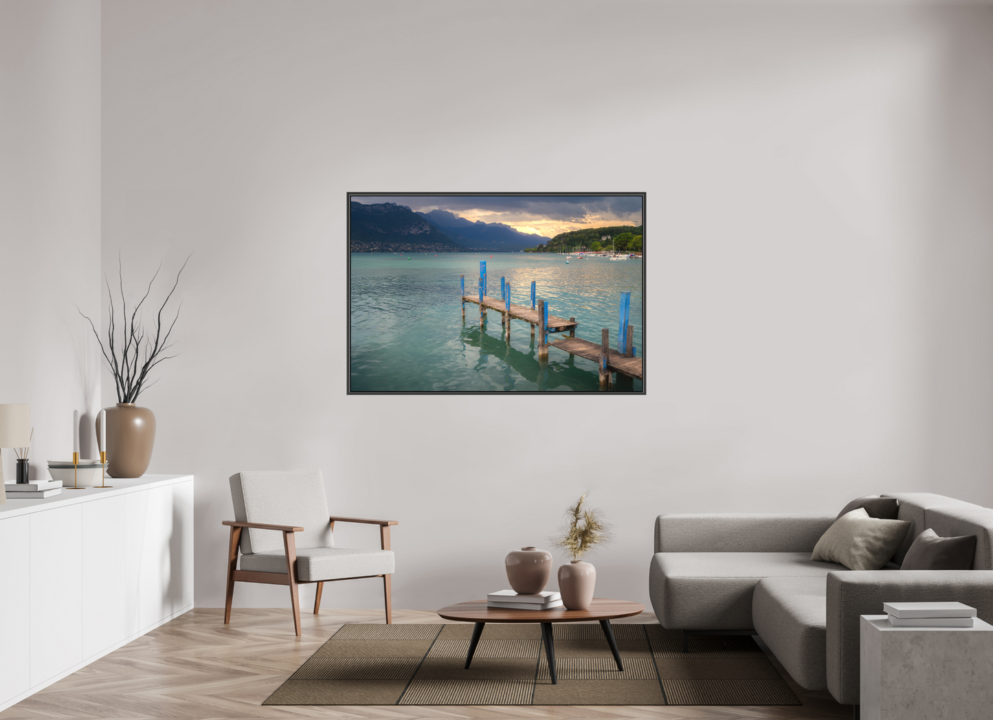 60 x 40″, Matte Canvas Print with Black Wood Floater Frame Thunderstorm over Lake Annecy